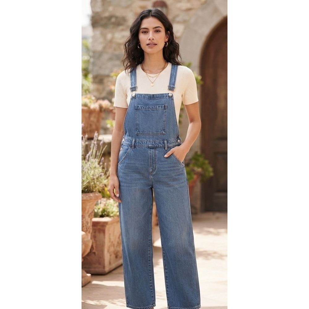 Forever 21 Women's Blue‎ Denim Bib Overalls Size L Relaxed Fit Medium Wash Y2K